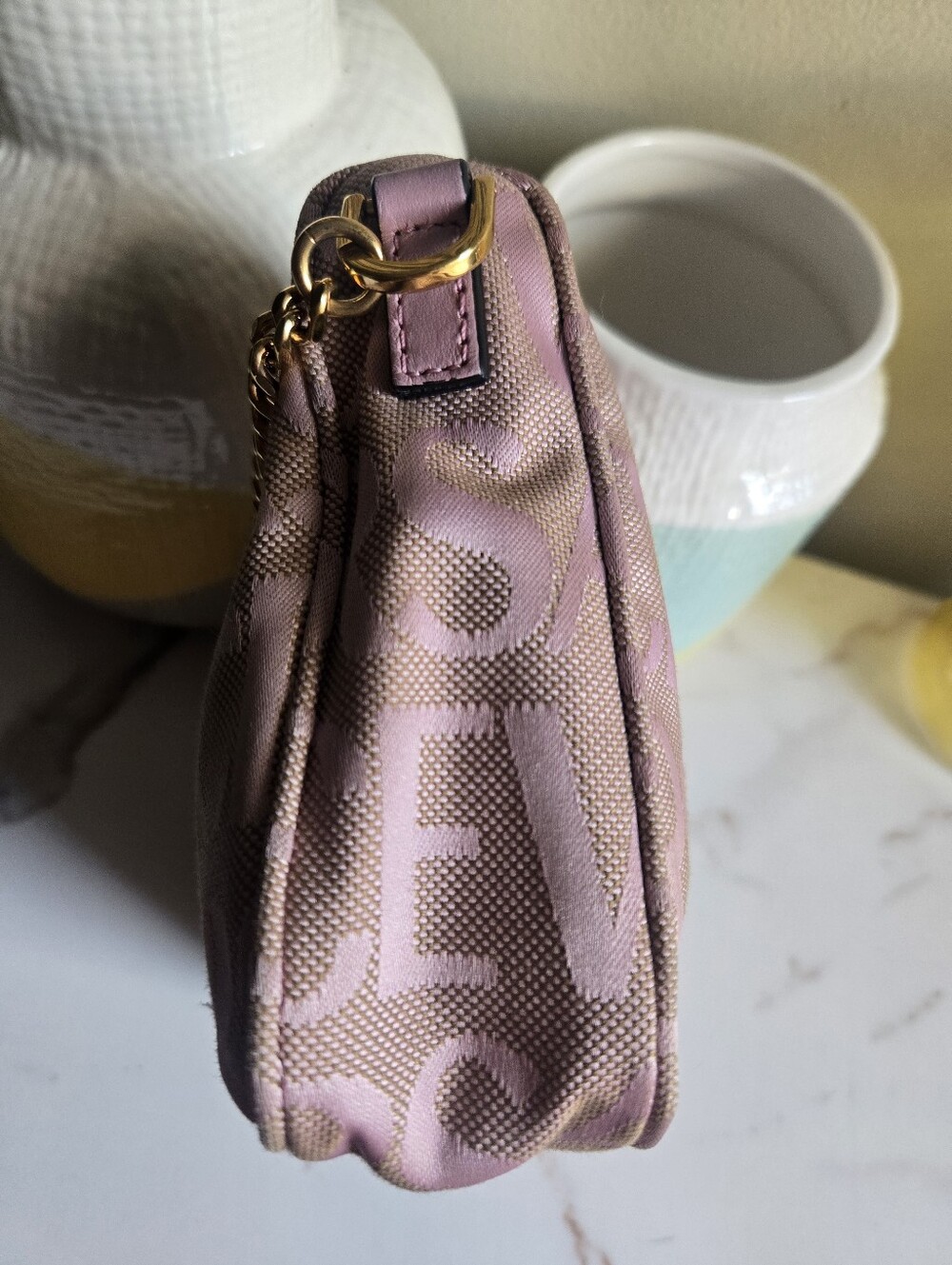 EUC Versace Pink Logo Print Jaquard Mini Baguette Bag With Strap - Picture 7 of 15